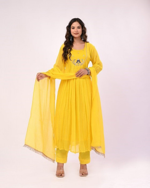 YELLOW HANDWORK MULCHANDERI SUIT SET
