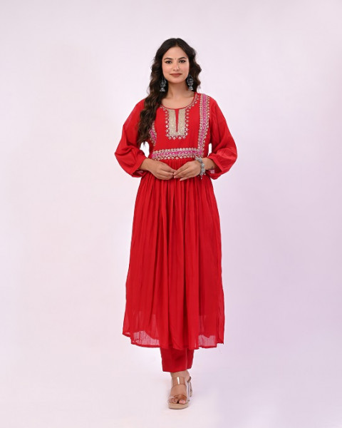 RED HANDWORK MULCHANDERI SUIT SET