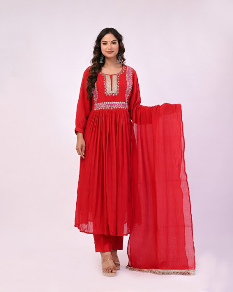 RED HANDWORK MULCHANDERI SUIT SET