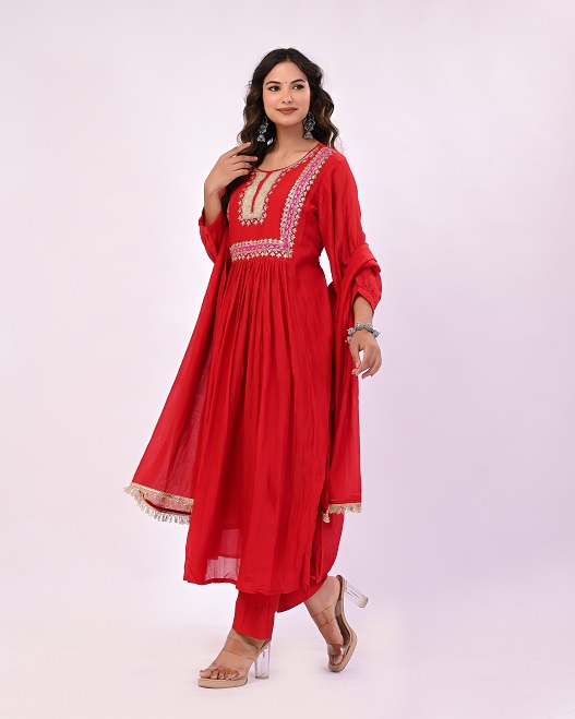 RED HANDWORK MULCHANDERI SUIT SET