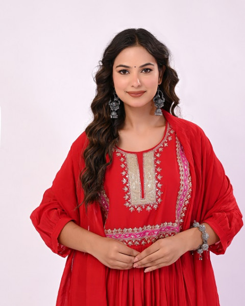RED HANDWORK MULCHANDERI SUIT SET