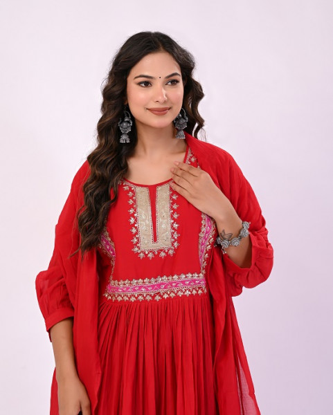 RED HANDWORK MULCHANDERI SUIT SET