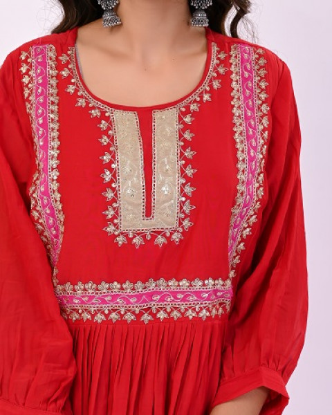 RED HANDWORK MULCHANDERI SUIT SET