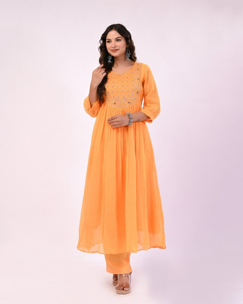 MANGO YELLOW HANDWORK MULCHANDERI SUIT SET