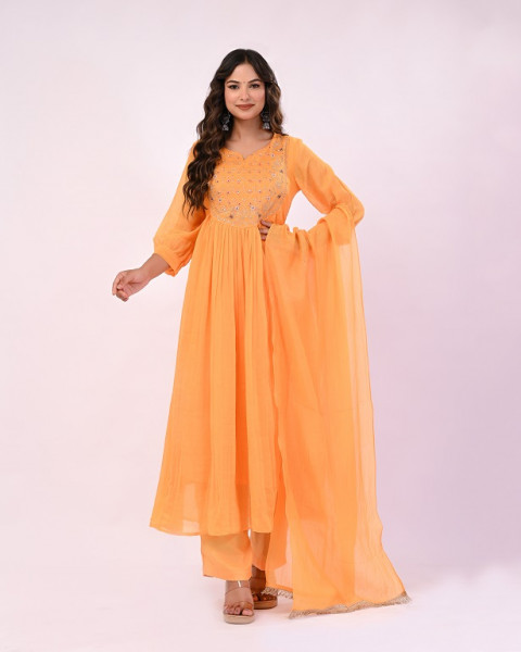 MANGO YELLOW HANDWORK MULCHANDERI SUIT SET