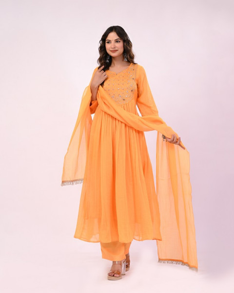 MANGO YELLOW HANDWORK MULCHANDERI SUIT SET