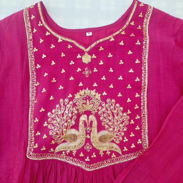 RANI PINK MUL CHANDERI HANDWORK SUIT  PANT AND DUPATTA SET