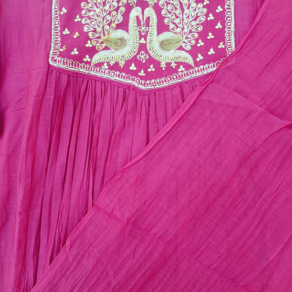 RANI PINK MUL CHANDERI HANDWORK SUIT  PANT AND DUPATTA SET