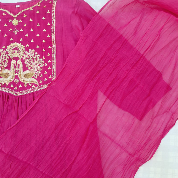 RANI PINK MUL CHANDERI HANDWORK SUIT  PANT AND DUPATTA SET