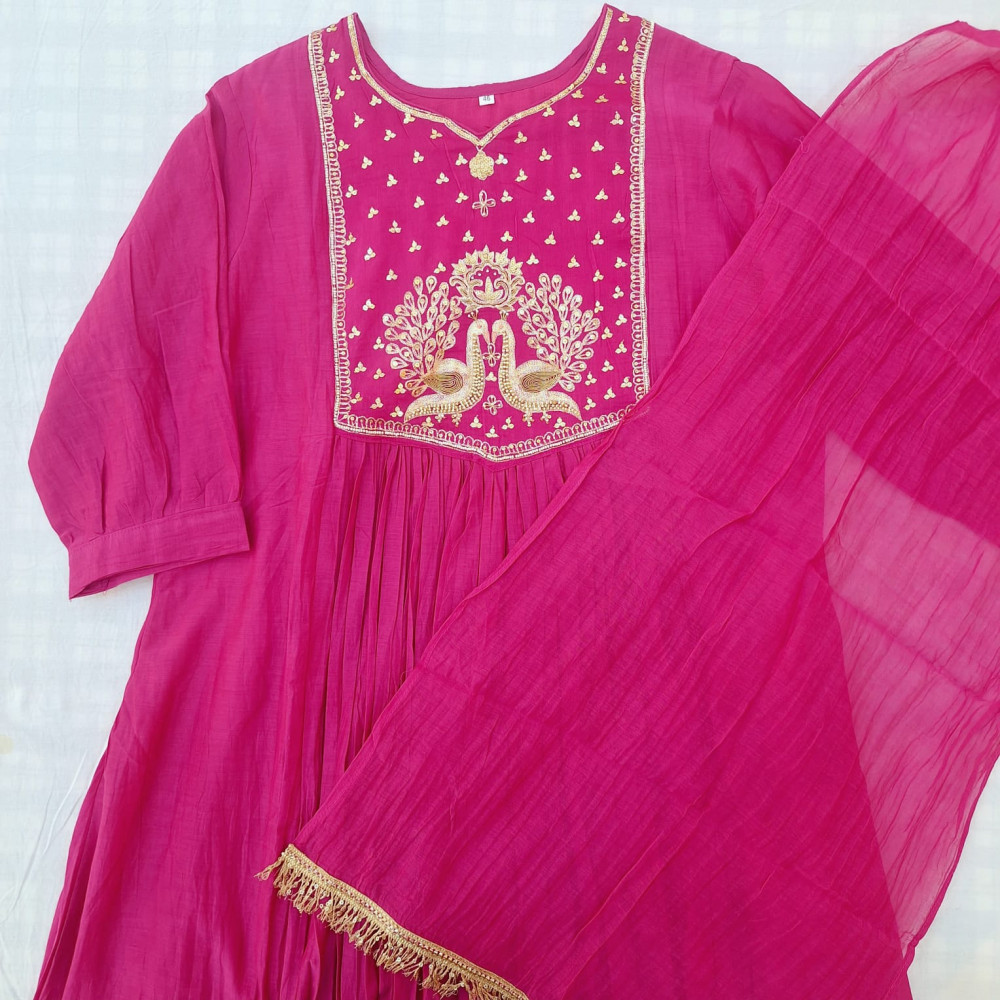 Image of RANI PINK MUL CHANDERI HANDWORK SUIT  PANT AND DUPATTA SET