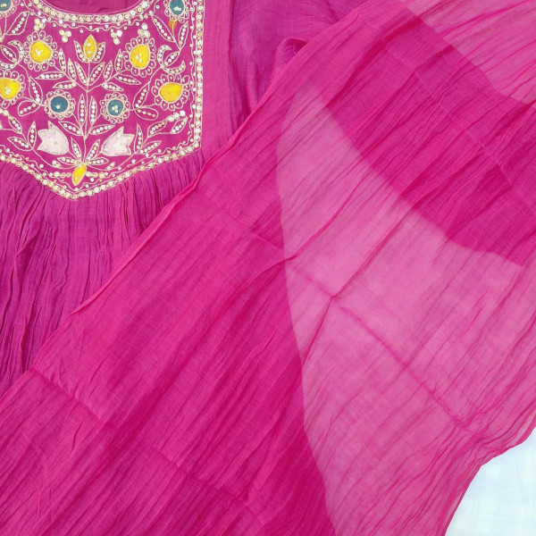 RANI MUL CHANDERI HANDWORK SUIT PANT AND DUPATTA SET