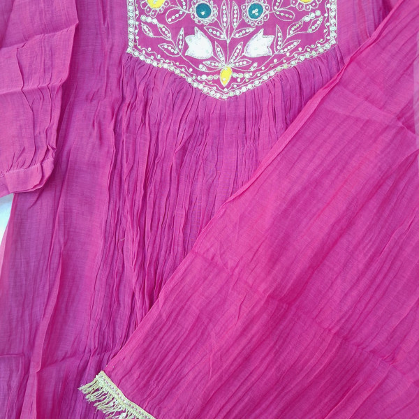 RANI MUL CHANDERI HANDWORK SUIT PANT AND DUPATTA SET