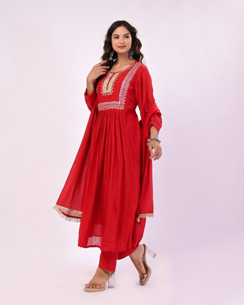 RED HANDWORK MULCHANDERI SUIT SET
