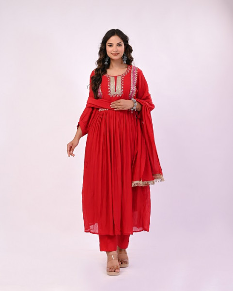 RED HANDWORK MULCHANDERI SUIT SET