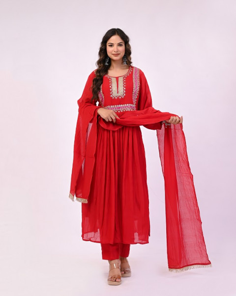 RED HANDWORK MULCHANDERI SUIT SET
