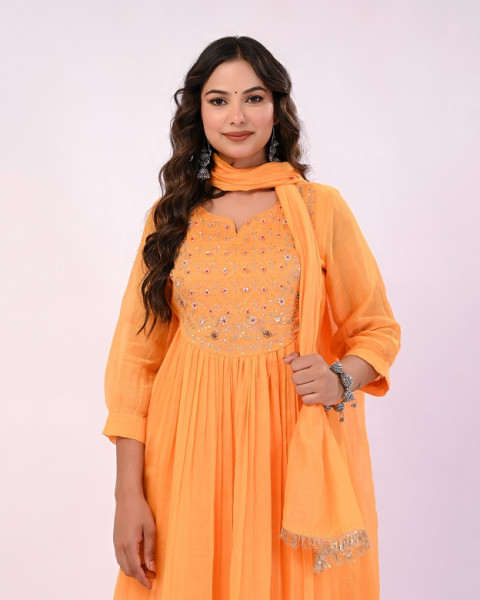 MANGO YELLOW HANDWORK MULCHANDERI SUIT SET