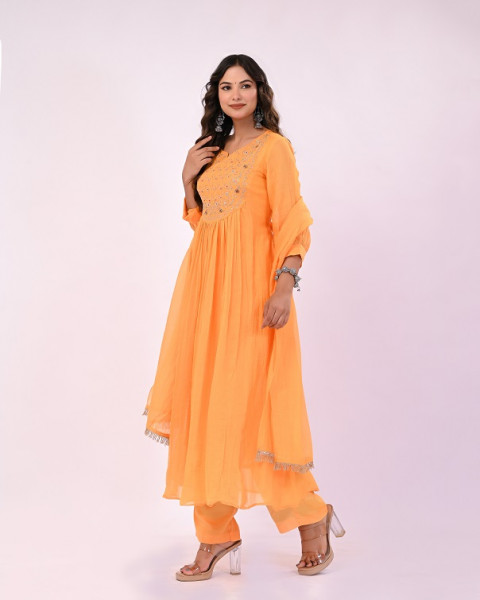 MANGO YELLOW HANDWORK MULCHANDERI SUIT SET