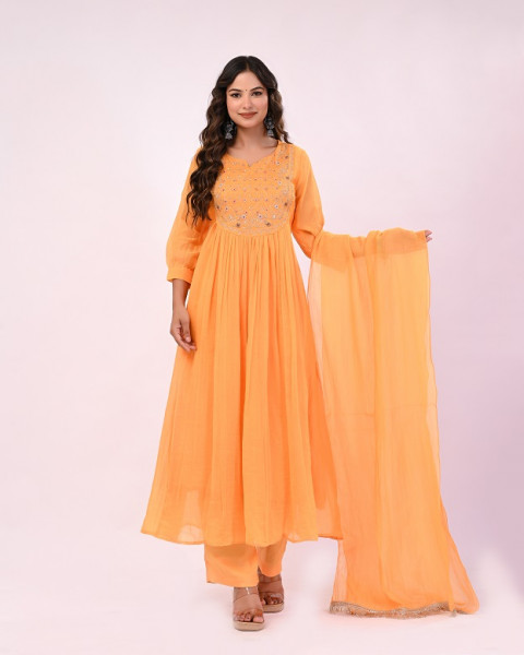 MANGO YELLOW HANDWORK MULCHANDERI SUIT SET