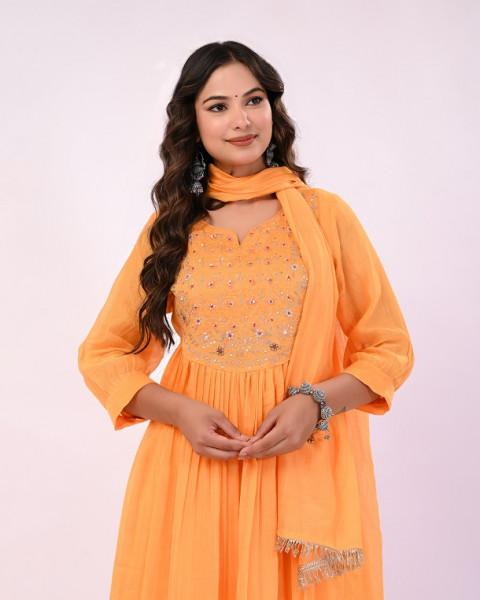 MANGO YELLOW HANDWORK MULCHANDERI SUIT SET
