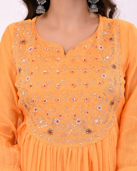 MANGO YELLOW HANDWORK MULCHANDERI SUIT SET