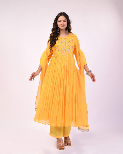 YELLOW MULCHANDERI HANDWORK SUIT SET