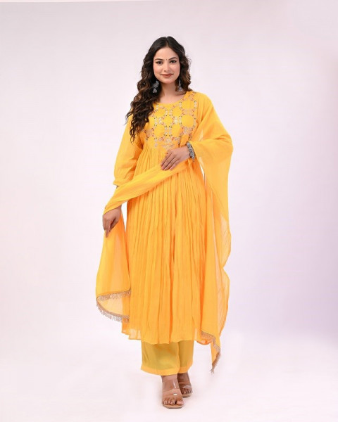 YELLOW MULCHANDERI HANDWORK SUIT SET