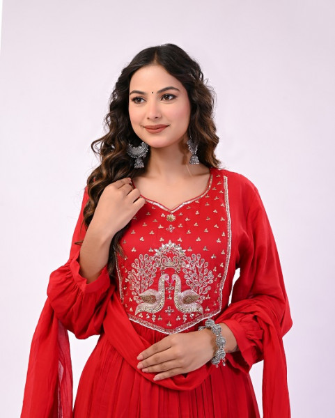 RED PEACOCK MUL CHANDERI SUIT SET