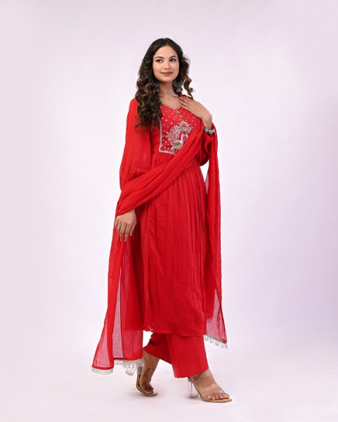 RED PEACOCK MUL CHANDERI SUIT SET