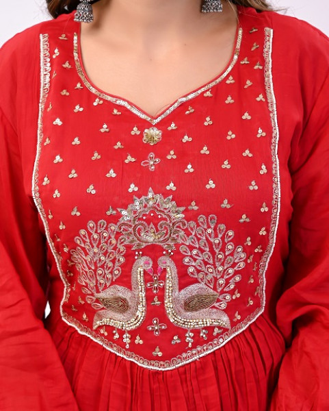 RED PEACOCK MUL CHANDERI SUIT SET