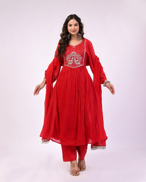 RED PEACOCK MUL CHANDERI SUIT SET