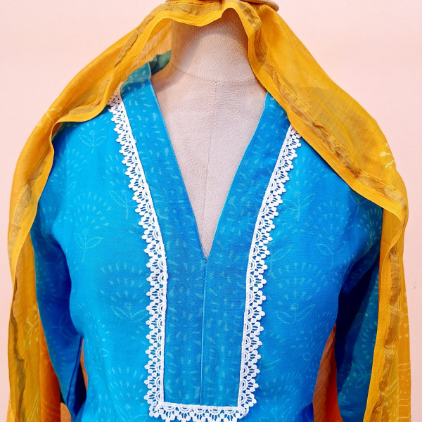 BLUE WITH YELLOW PRINTED CHANDERI SUIT PANT AND DUPATTA SET