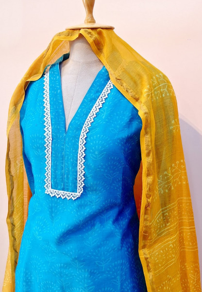 BLUE WITH YELLOW PRINTED CHANDERI SUIT PANT AND DUPATTA SET