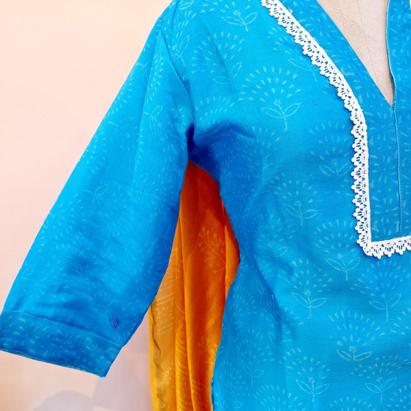 BLUE WITH YELLOW PRINTED CHANDERI SUIT PANT AND DUPATTA SET