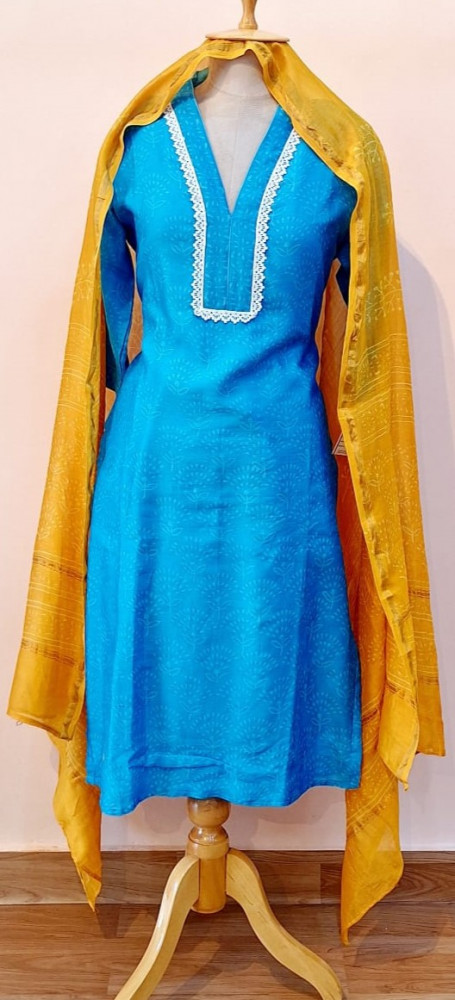Image of BLUE WITH YELLOW PRINTED CHANDERI SUIT PANT AND DUPATTA SET