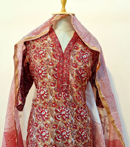 RED BROWN PRINTED CHANDERI SUIT PANT AND DUPATTA SET