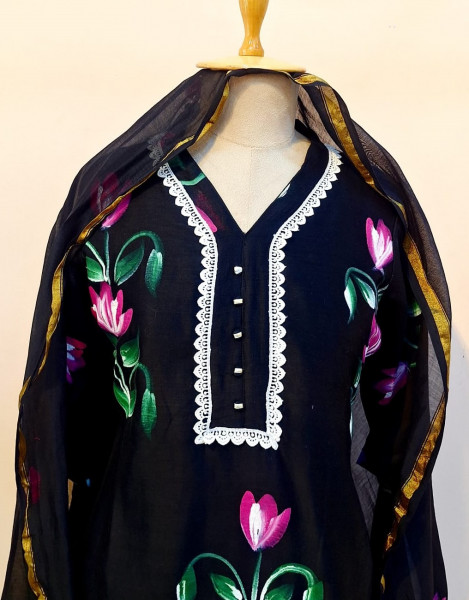 BLACK PRINTED CHANDERI SUIT PANT AND DUPATTA SET