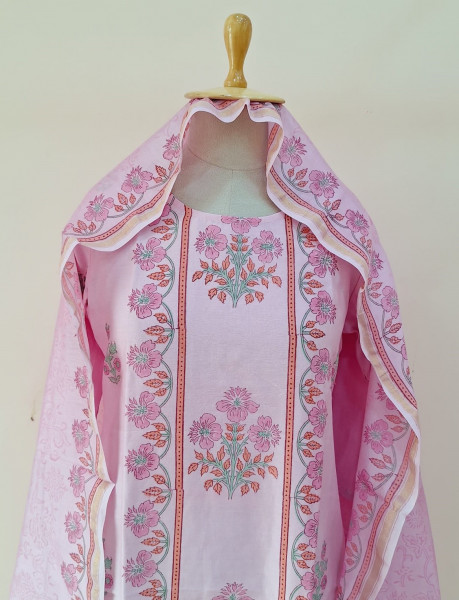 PINK PRINTED CHANDERI SUIT PANT AND DUPATTA SET