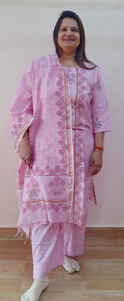 PINK PRINTED CHANDERI SUIT PANT AND DUPATTA SET