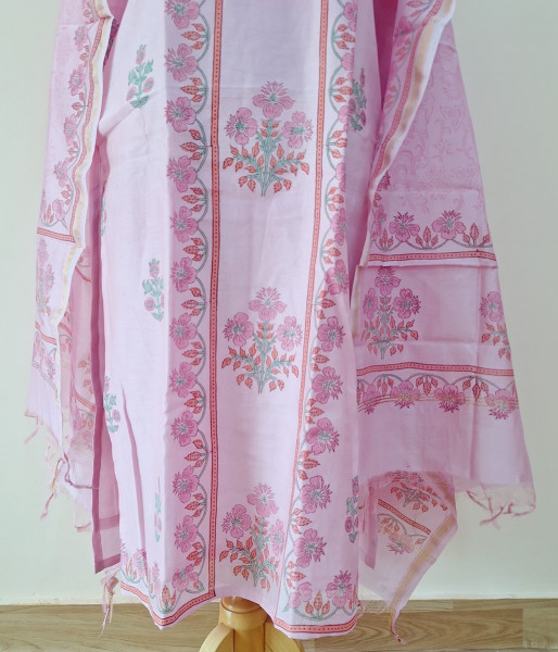 PINK PRINTED CHANDERI SUIT PANT AND DUPATTA SET