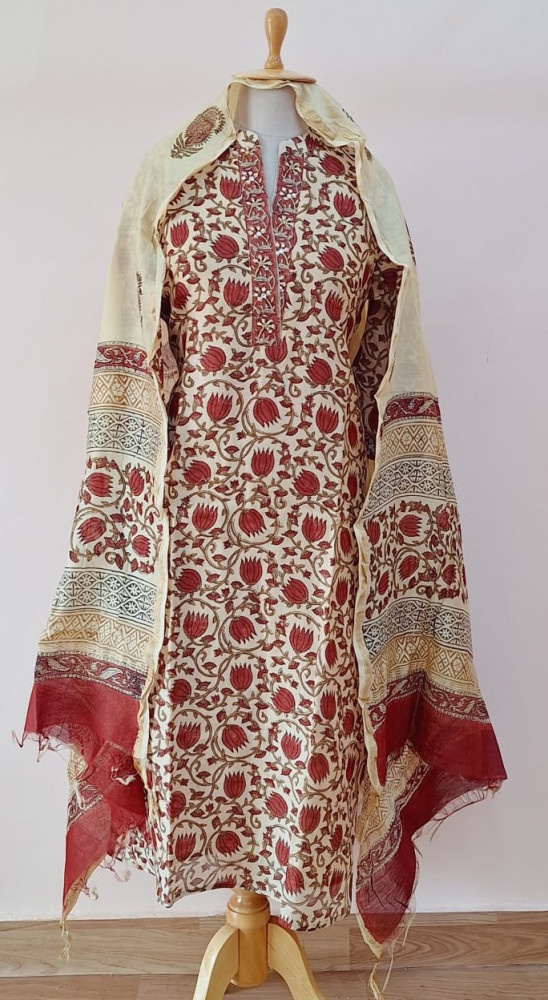 Image of LIGHT SKINNY PRINTED CHANDERI HANDWORK  SUIT PANT AND DUPATTA SET