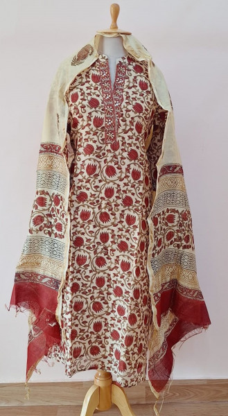 LIGHT SKINNY PRINTED CHANDERI HANDWORK  SUIT PANT AND DUPATTA SET