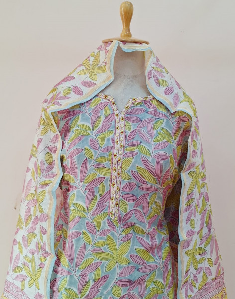 MULTI PRINTED CHANDERI HANDWORK SUIT PANT AND DUPATTA SET