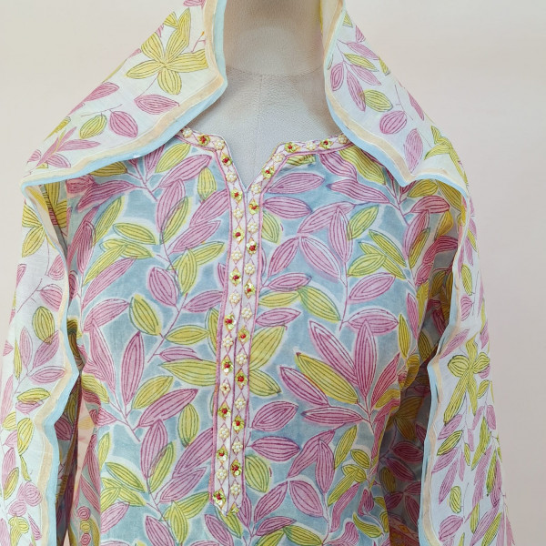 MULTI PRINTED CHANDERI HANDWORK SUIT PANT AND DUPATTA SET