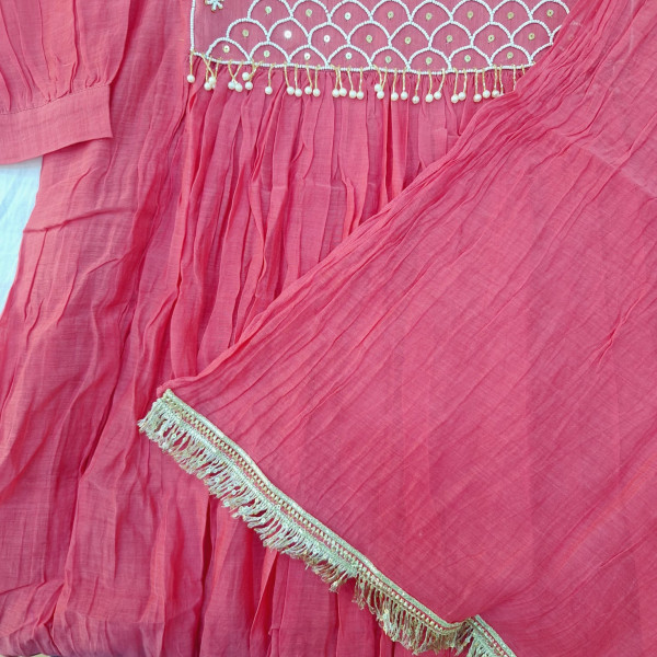 PEACH MUL CHANDERI HANDWORK SUIT PANT AND DUPATTA SET