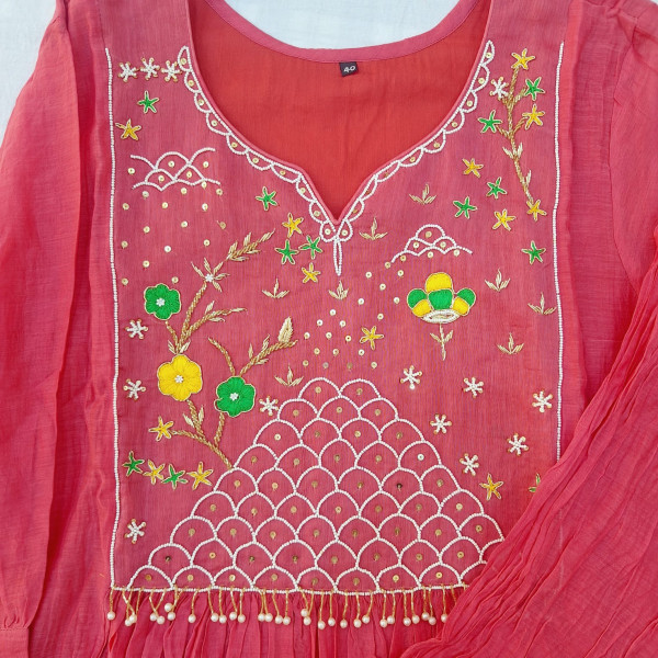 PEACH MUL CHANDERI HANDWORK SUIT PANT AND DUPATTA SET