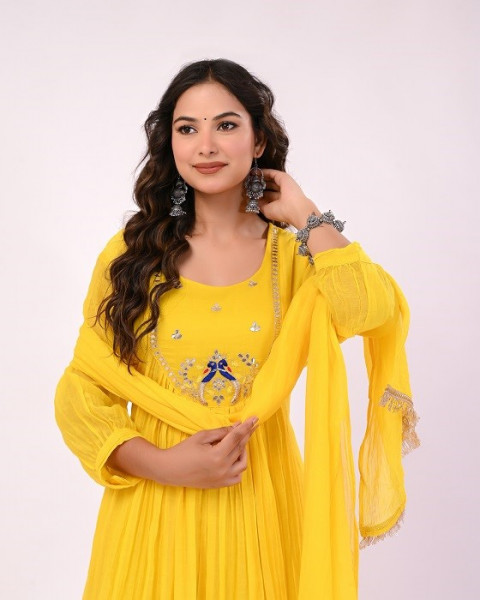 YELLOW HANDWORK MULCHANDERI SUIT SET