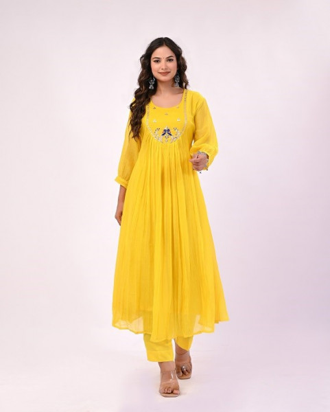 YELLOW HANDWORK MULCHANDERI SUIT SET