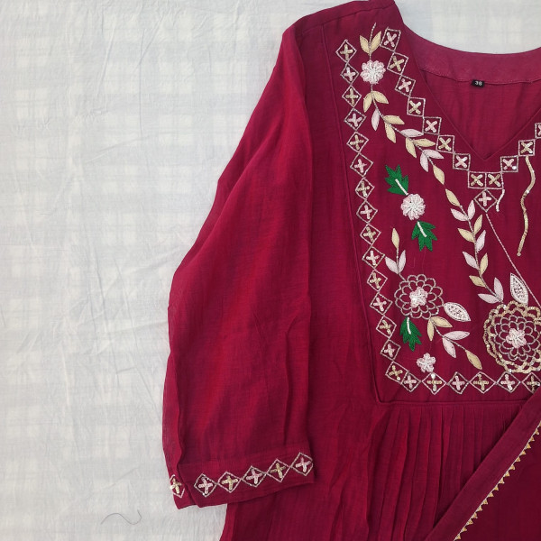 PINK MUL CHANDERI HANDWORK SUIT PANT AND DUPATTA SET