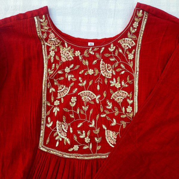 RED MUL CHANDERI HANDWORK SUIT PANT AND DUPATTA SET