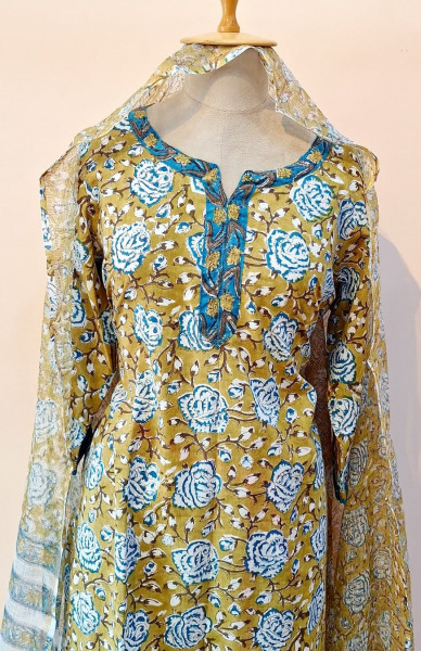OLIVE GREEN PRINTED COTTON SUIT PANT AND DUPATTA SET